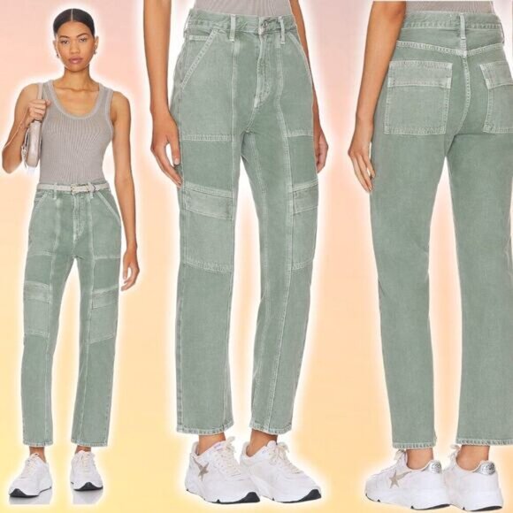 NWT AGOLDE Cooper Cargo High Rise Straight Leg Jean Sz 34 Salamander Green - Picture 1 of 16